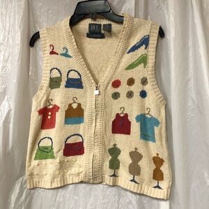 Vintage Ivy Living Women's Cream Sweater Vest with Colorful Patterns.  Small